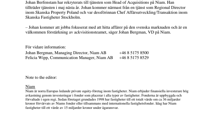Johan Berfenstam blir Head of Acquisitions på Niam