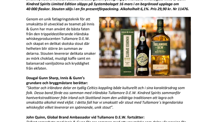 Tvillingsjälar - skotska bryggeriet Innis & Gunn och irländska destilleriet Tullamore D.E.W. släpper limiterad whiskeyfatslagrad stout. 