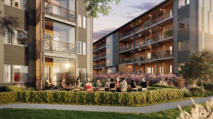 3D-bild av Obos flerbostadshus-projekt Brf Dansbandet 1 i Norrköping.