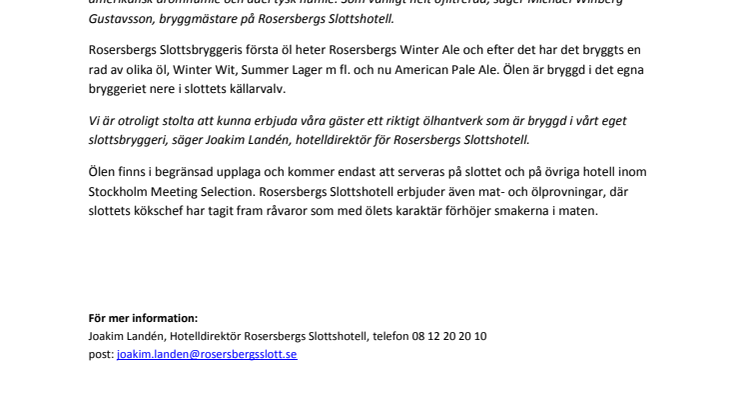 Rosersbergs Slottsbryggeri lanserar Rosersbergs APA - American Pale Ale