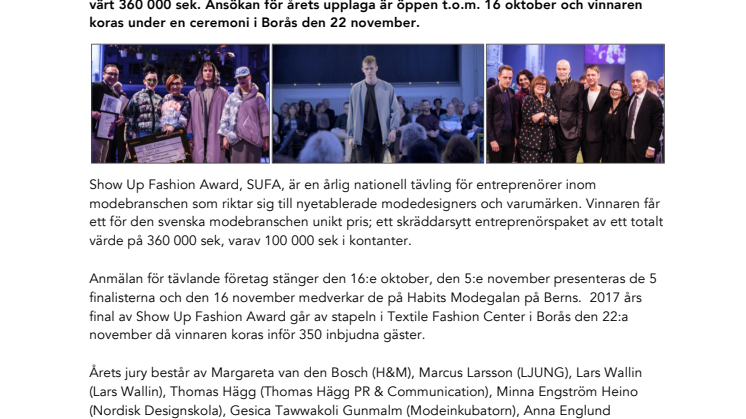 SHOW UP FASHION AWARD, SUFA – ETT UNIKT PRIS FÖR MODEENTREPRENÖRER!