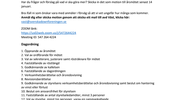 Kallelse med dagordning årsmöte avd Väst