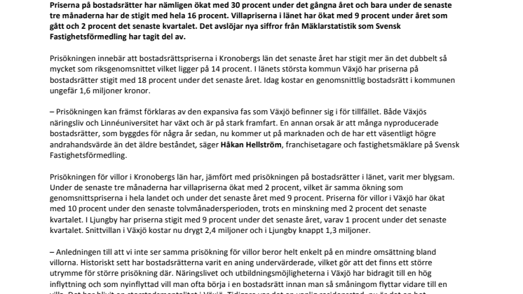 Rekordhög prisökning på bostadsrätter i Kronobergs län
