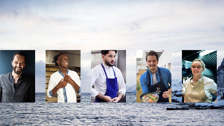 Her er noen av de franske" kokke-rockestjernene" som skal få franskmennene til å tilberede skrei hjemme på sitt eget kjøkken. Fra venstre: Yoni Saada, Mory Sacko, Merouan, Juan Arbealez og Alexia Duchêne