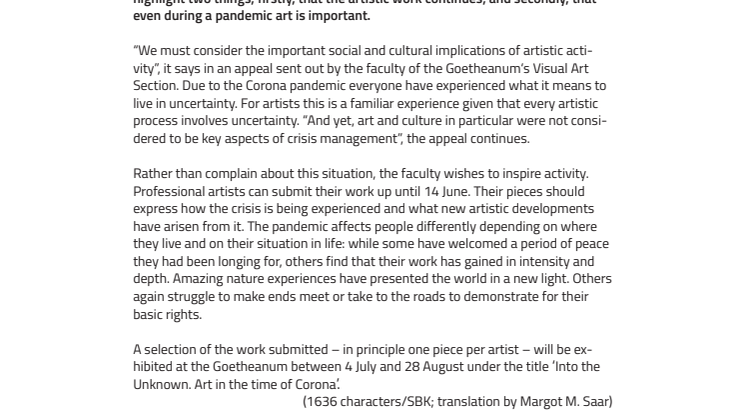 Into the Unknown: Appeal ‘Art in the time of Corona’