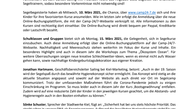 Buchungsstart für das Segel-Camp 24/7 - Kurse und Angebote ab 10.März online 