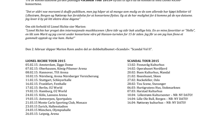 MARION RAVN med LIONEL RICHIE på europaturné!