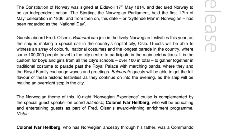 Fred. Olsen Cruise Lines celebrates its heritage  on Norway’s ‘National Day’
