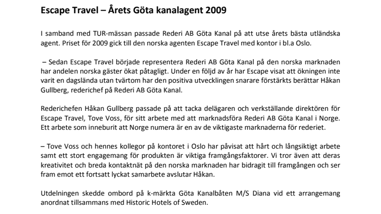 Escape Travel – Årets Göta kanalagent 2009