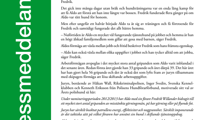 Aldo är Årets polishund 2013