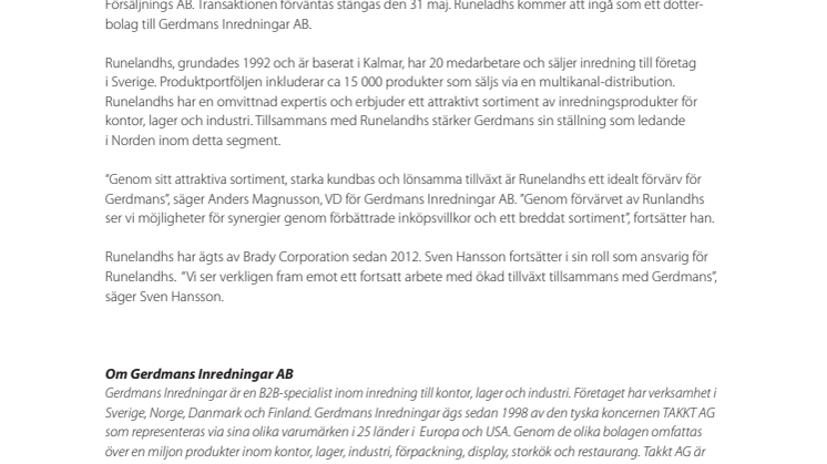 Gerdmans Inredningar förvärvar Runelandhs