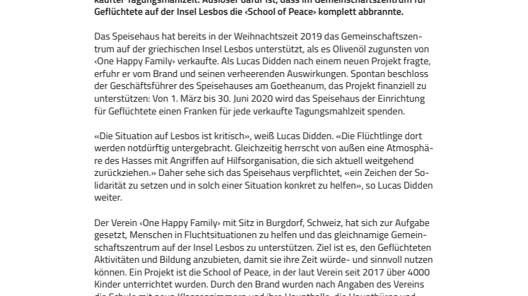 «Ein Zeichen der Solidarität». Speisehaus am Goetheanum unterstützt die Schweizer Initiative ‹One Happy Family›
