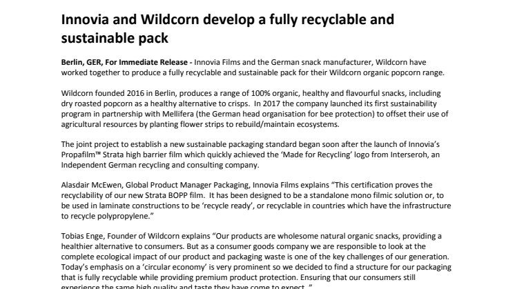 Innovia and Wildcorn develop a fully recyclable and sustainable pack  