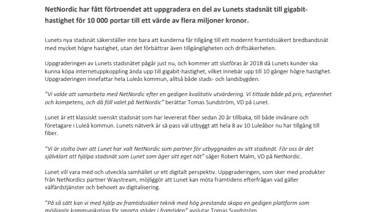 Lunet väljer NetNordic som partner för sitt nya stadsnät