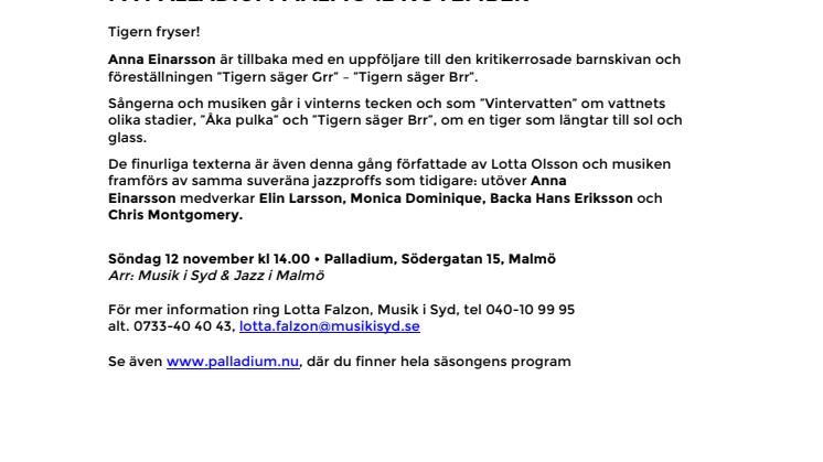 Barn på Palladium – Tigern säger Brr med Anna Einarsson på Palladium Malmö 12 november