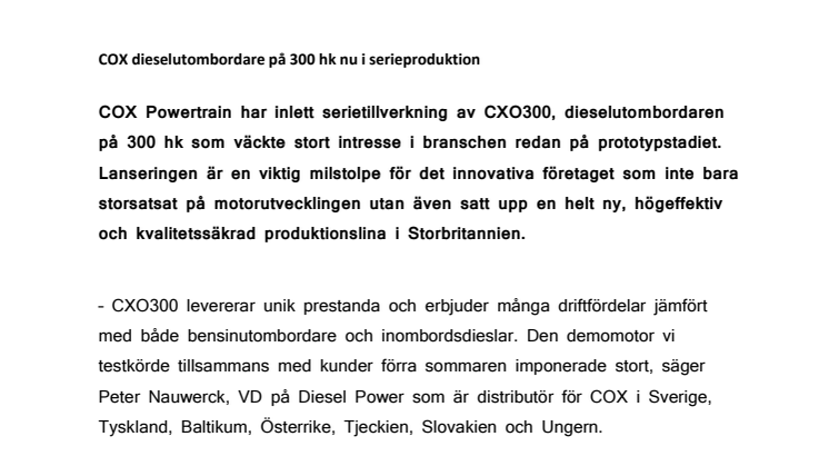 COX dieselutombordare på 300 hk nu i serieproduktion