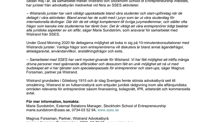 Wistrand erbjuder "speed consulting" till framtidens start-ups på Good Morning 2020