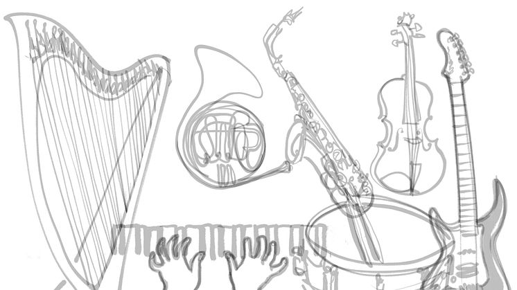 Kulturförvaltningen stödjer bland andra improvisationsmusikern Arne Forsén för projektet Springflod. Illustration: Jenny Soep. Syntolkning: Illustrerade instrument på vit bakgrund.