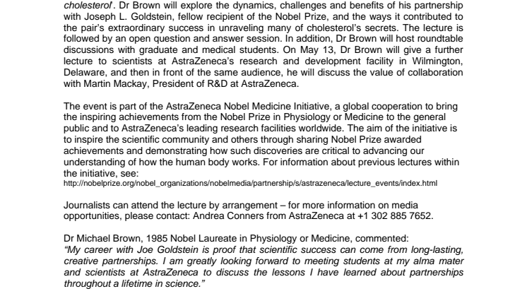 Nobel Media and AstraZeneca bring Nobel Laureate to University of Pennsylvania School of Medicine on May 12