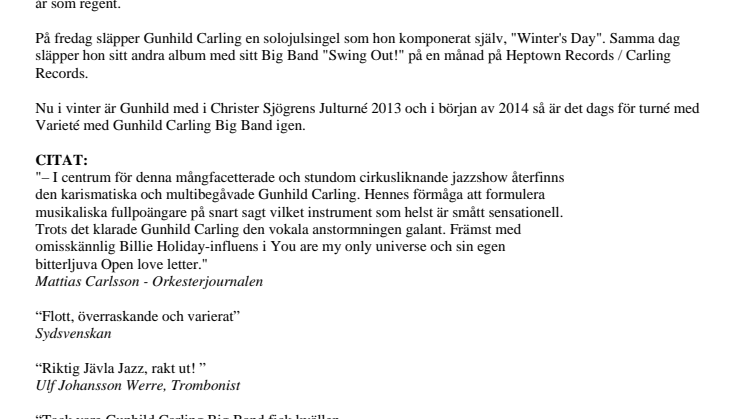 Julsingel och nytt album från svenska jazz- och swingdrottningen Gunhild Carling