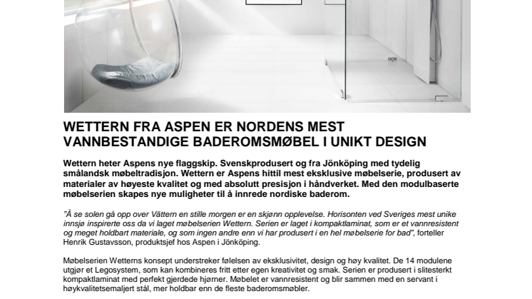 Wettern fra Aspen er Nordens mest vannbestandige baderomsmøbel i unikt design