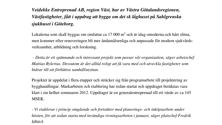 Veidekke bygger om på Sahlgrenska sjukhuset i Göteborg