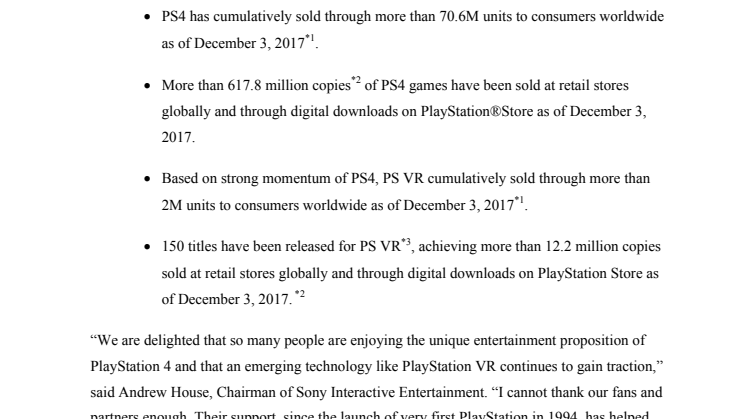 Försäljningen av PlayStation®4 överstiger 70.6 miljoner enheter globalt