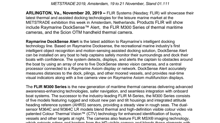 METSTRADE 2019: FLIR Showcases Latest Maritime Sensor Solutions at METS 