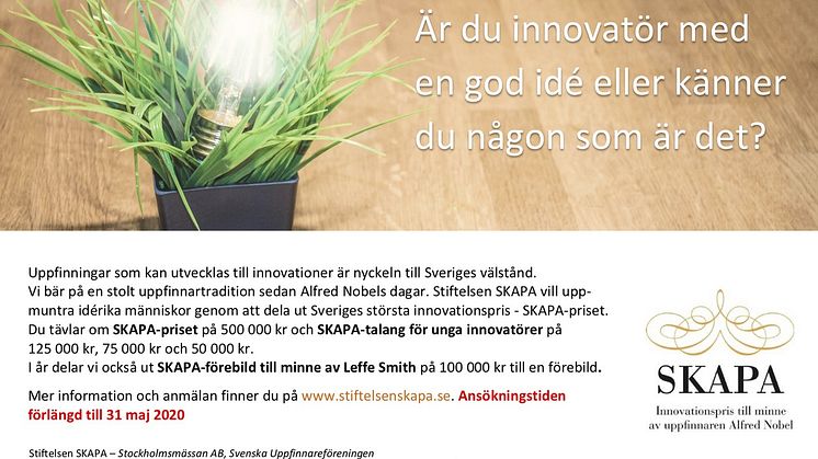 SKAPA förlänger ansökningstiden till 31/5 - sök uppfinnar- och innovatörsstipendium nu!