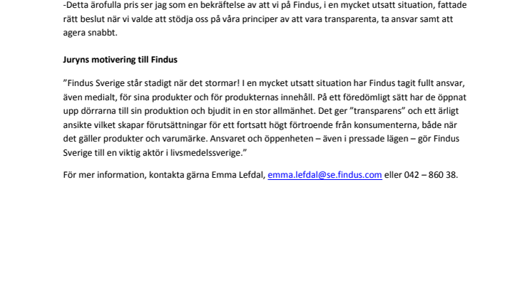Årets Livsmedelspris går till Findus