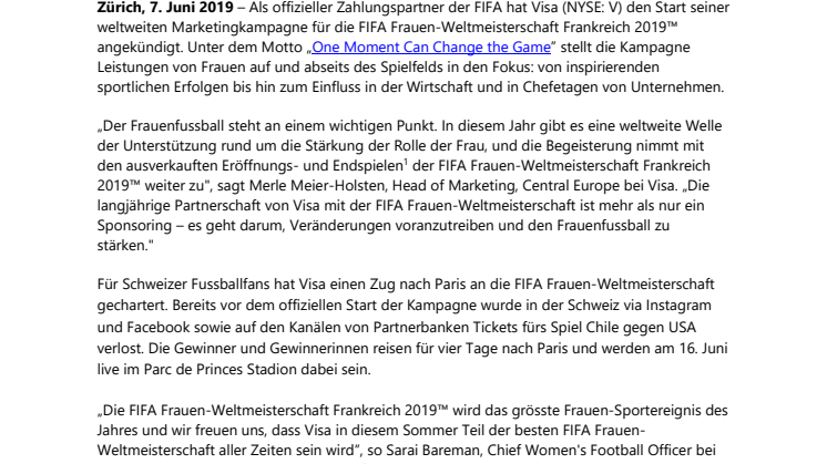 Visa startet weltweite Marketingkampagne zur FIFA Frauen-Weltmeisterschaft Frankreich 2019™ 