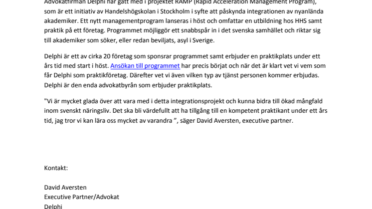 Delphi med i integrationsprojektet RAMP som initierats av Handelshögskolan i Stockholm