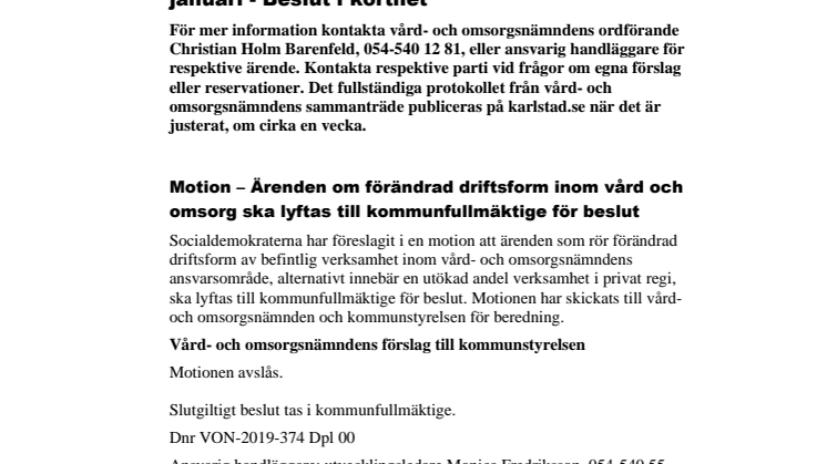 Vård- och omsorgsnämndens beslut i korthet 22 januari