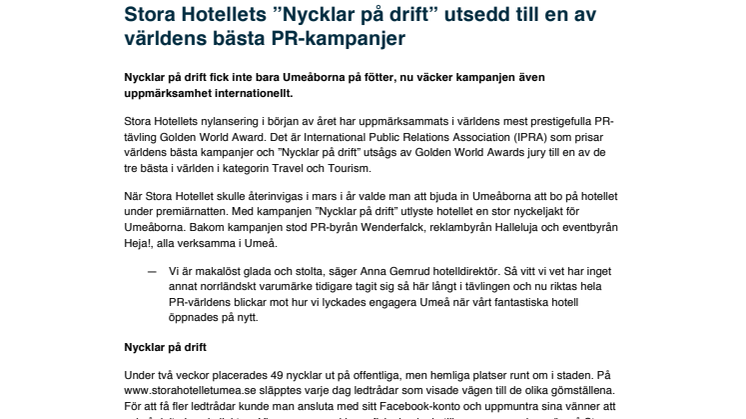 Stora Hotellets ”Nycklar på drift” utsedd till en av världens bästa PR-kampanjer