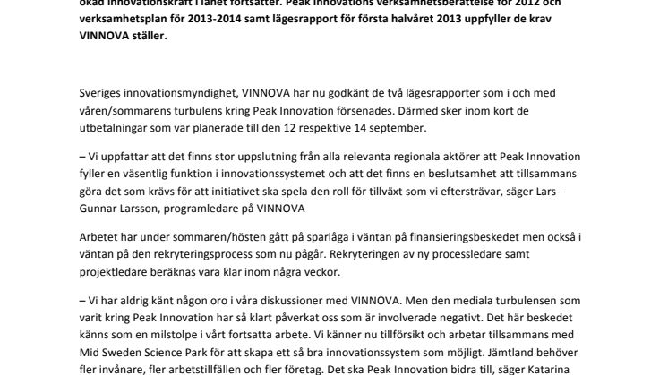VINNOVA betalar ut pengarna till Peak Innovation