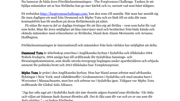 Förlåtelseutmaningen - Desmond och Mpho Tutu startar global kampanj