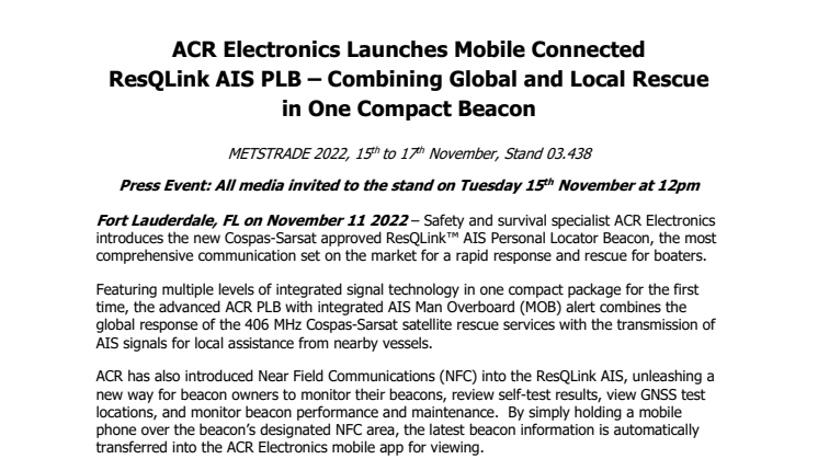 11 Nov 22 - METSTRADE - ACR Electronics Launches ResQLink AIS PLB.pdf