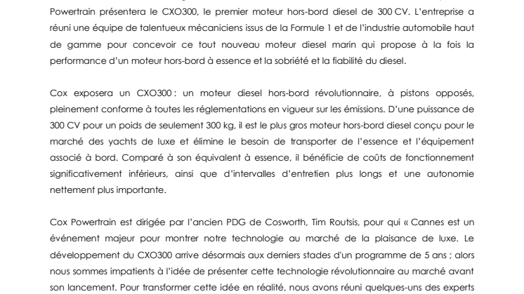 Cox Powertrain:  Cox Powertrain Dévoile le Premier Moteur Hors-Bord Diesel de 300 CV au Monde au Yachting Festival de Cannes 