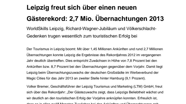 Leipzig freut sich über einen neuen Gästerekord: 2,7 Mio. Übernachtungen 2013