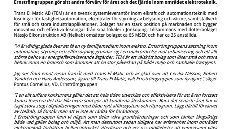 Ernströmgruppen gör ytterligare förvärv inom elektro