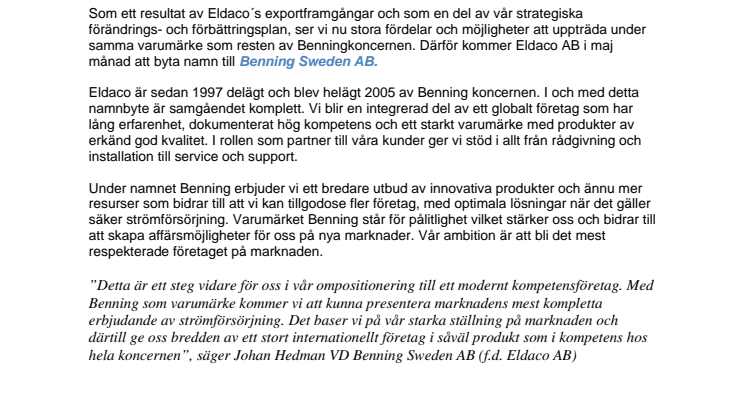 Eldaco byter namn till Benning