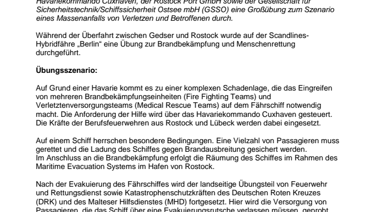 Gemeinsame Pressemitteilung der Hanse- und Universitätsstadt Rostock und der Reederei Scandlines zur Übung am 28.01.2019