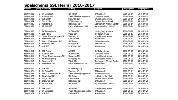 Spelschema SSL herr 2016/17