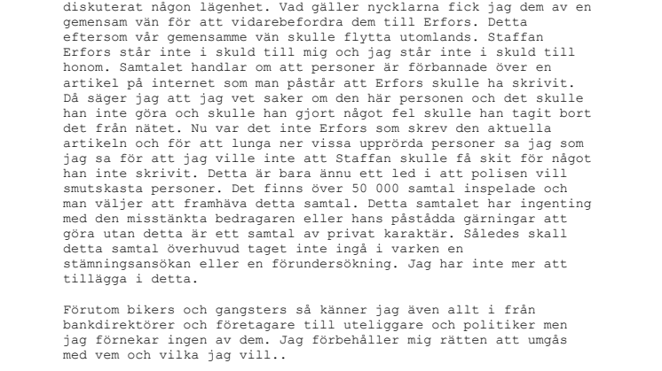 Öppet brev från Thomas Möller rörande relationen med Staffan Erfors
