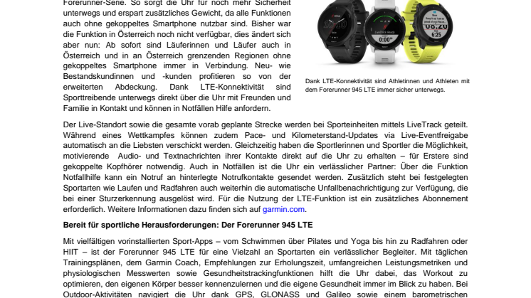 Garmin PM Forerunner 945 LTE: LTE-Erweiterung Österreich