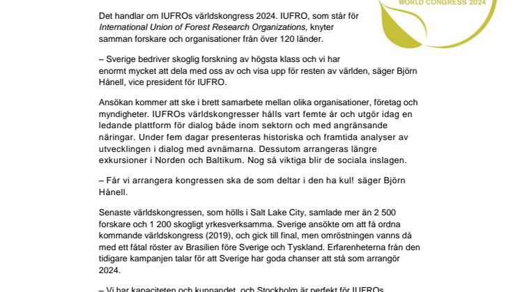 Världens största skogskongress till Sverige?