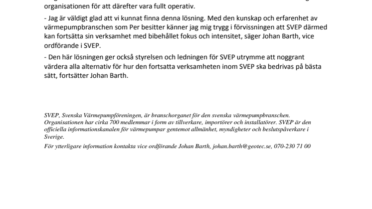 Per Jonasson tillförordnad vd på Svenska Värmepumpföreningen