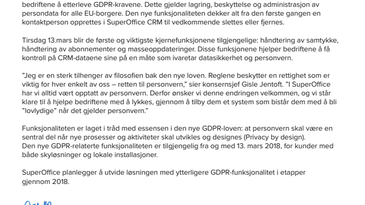 SuperOffice lanserer nye funksjoner for personvern (GDPR)