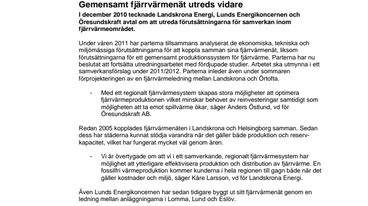 Gemensamt fjärrvärmenät utreds vidare