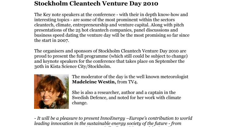  Full programme and the keynote speakers for Stockholm Cleantech Venture Day 2010